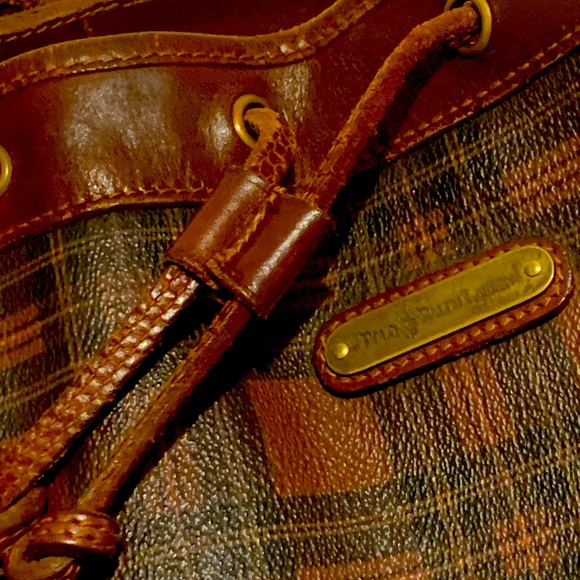 RALPH LAUREN Tartan Plaid Large Leather Drawstring Bucket Shoulder Bag VINTAGE - Picture 2 of 16